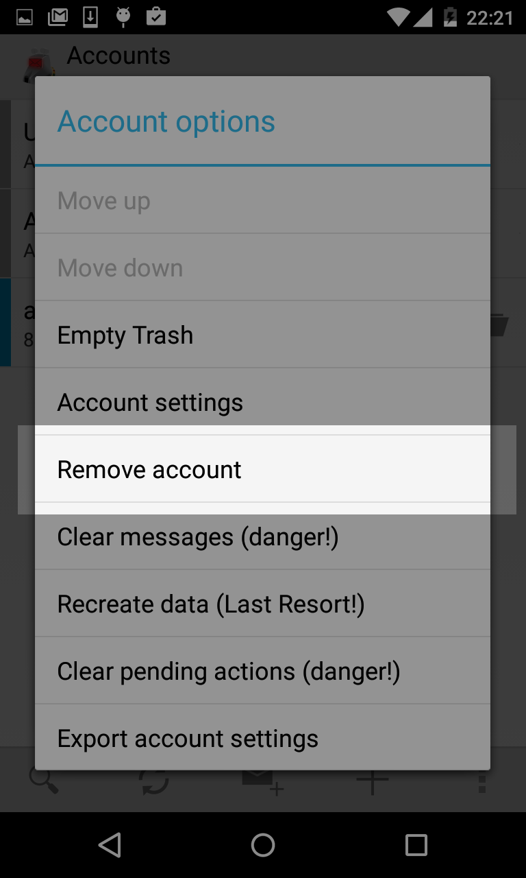 Screenshot: Menu with remove account highlighted